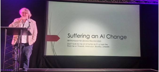 Bill Thompson as he started his presentation on 'Suffering an AI Change' at Rewired 2023