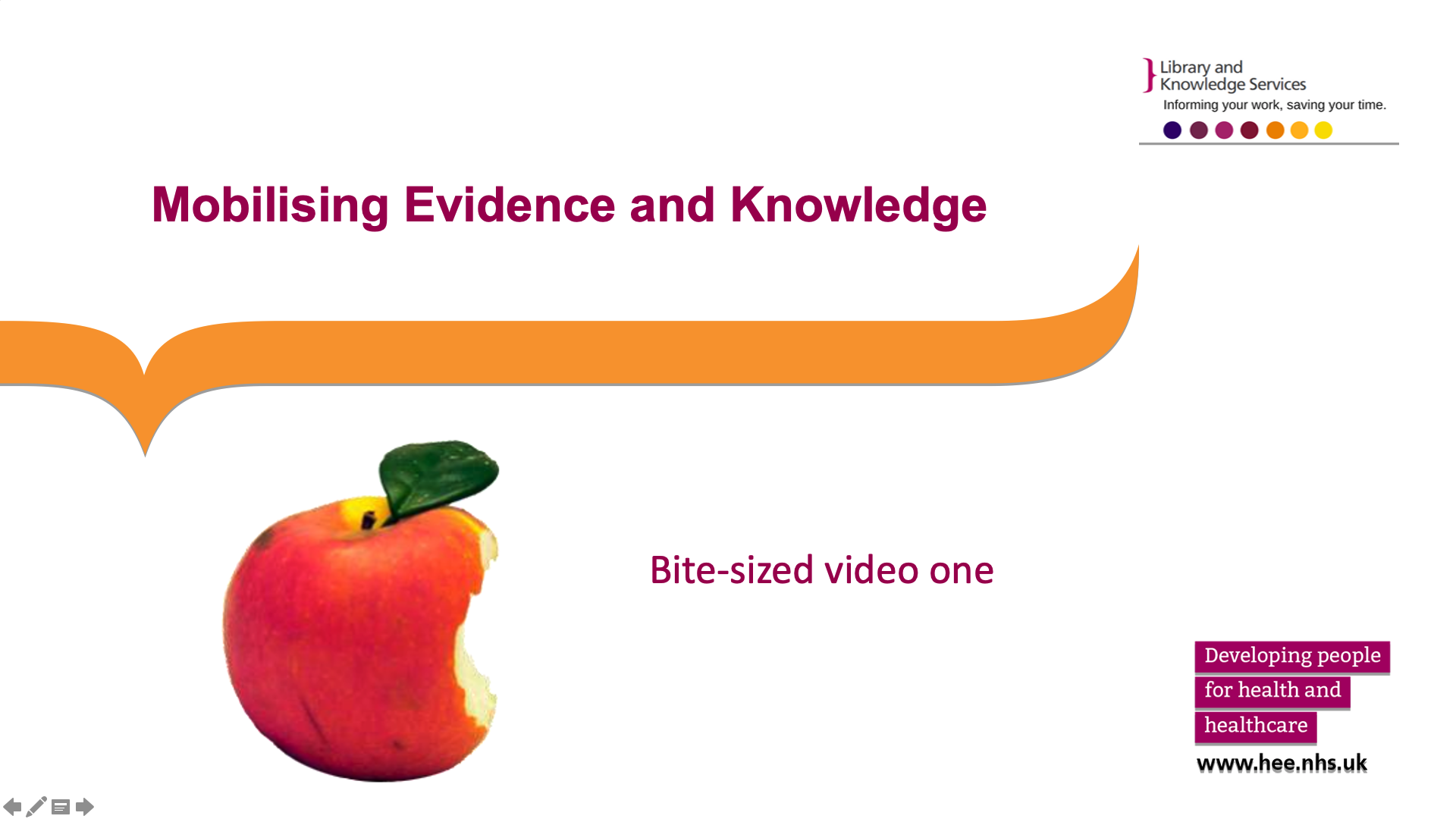 Title slide: image of an apple with a bite taken out of it next to the caption 'bite-sized video one'