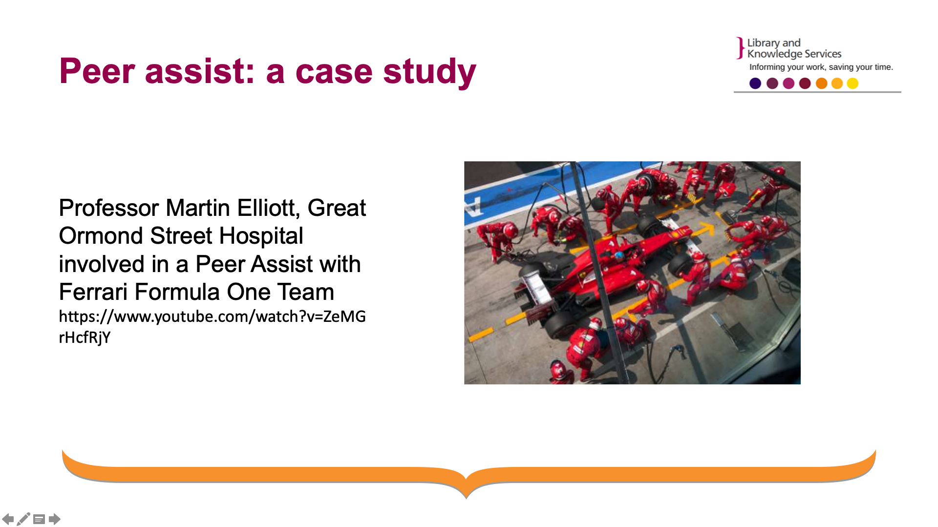 Slide 7: This has an image of a formula 1 racing team changing tires on the car. The caption is a link to the youtube video where Professor Martin Elliot from the Great Ormond Street Hospital explains his involvement in a peer assist where a team of healthcare professionals completed a peer assist with a formula 1 team.