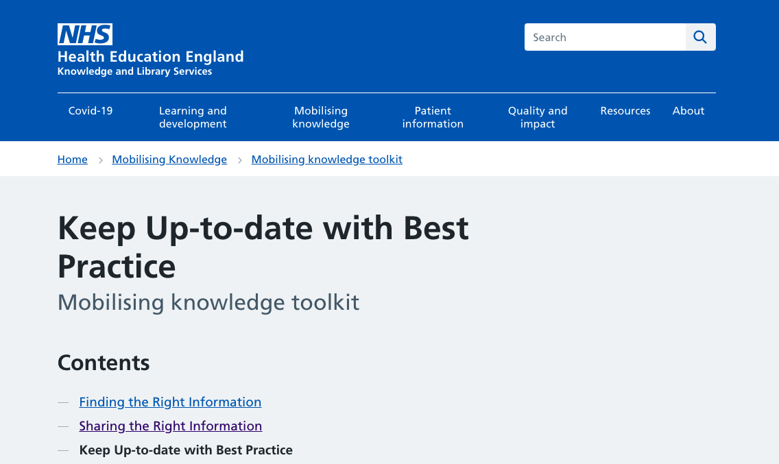 Where to find horizon scanning, policy briefing, and alerting services information on the NHS KLS site: Go to 'mobilising knowledge' then 'mobilising knowledge toolkit', then click 'keep up to date with best practice' in the contents