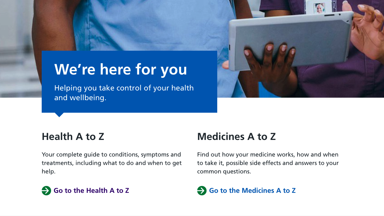 The top of the NHS homepage with links to Health A-Z and Medicines A-Z