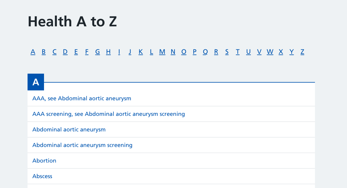 Front page of Health A-Z on NHS homepage which lists webpages on specific health conditions alphabetically