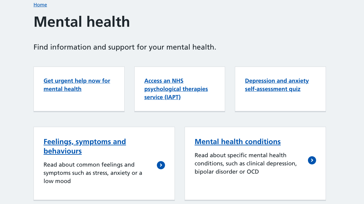 Front page of the mental health section of the NHS website where you can find information and support for your mental health