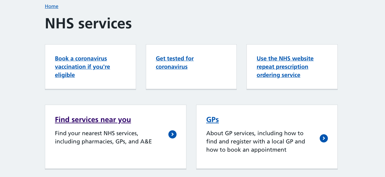 Front page of the NHS services section of the NHS website which details the services that the NHS offers such as GPs, prescriptions and pharmacies, hospitals, mental health services, urgent and emergency care services and so on.