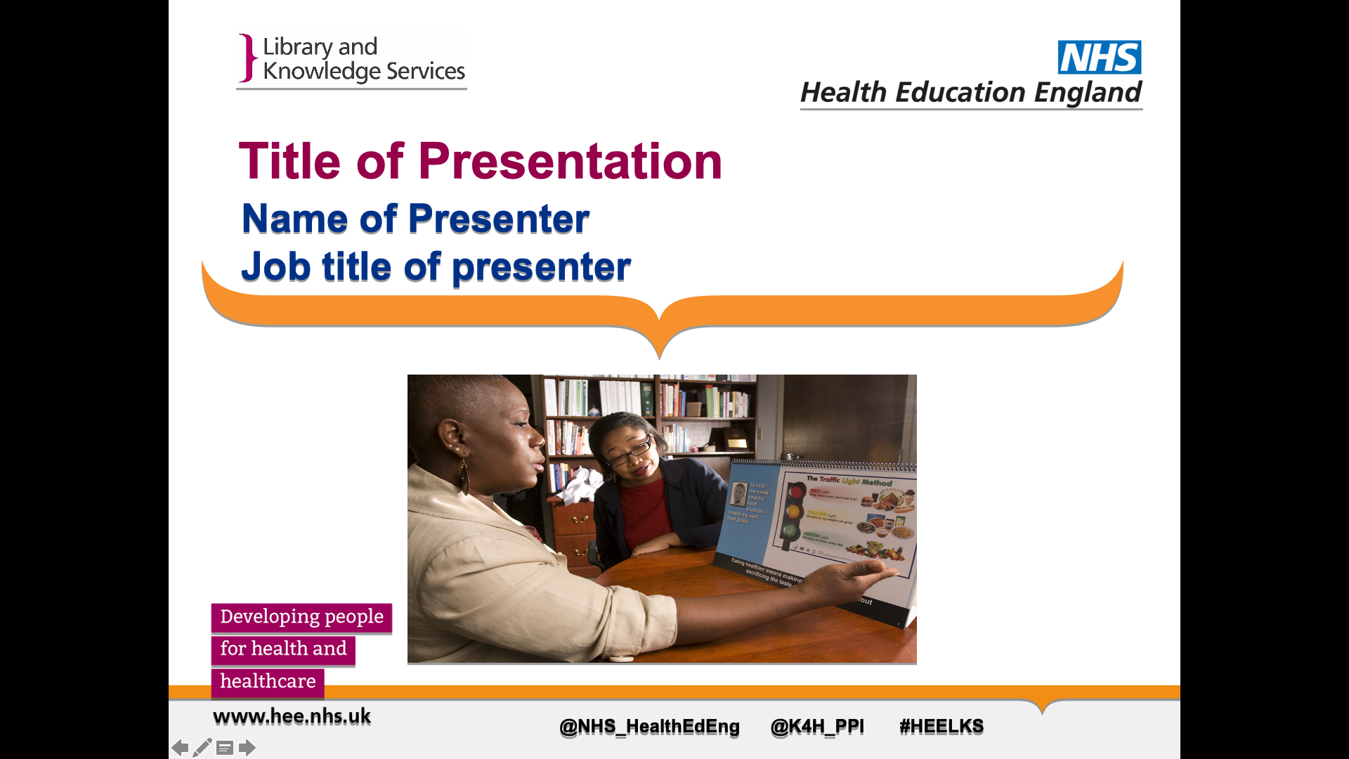 Title page for the speaker to fill in with 'title of presentation', 'name of presenter', and 'job title of presenter'