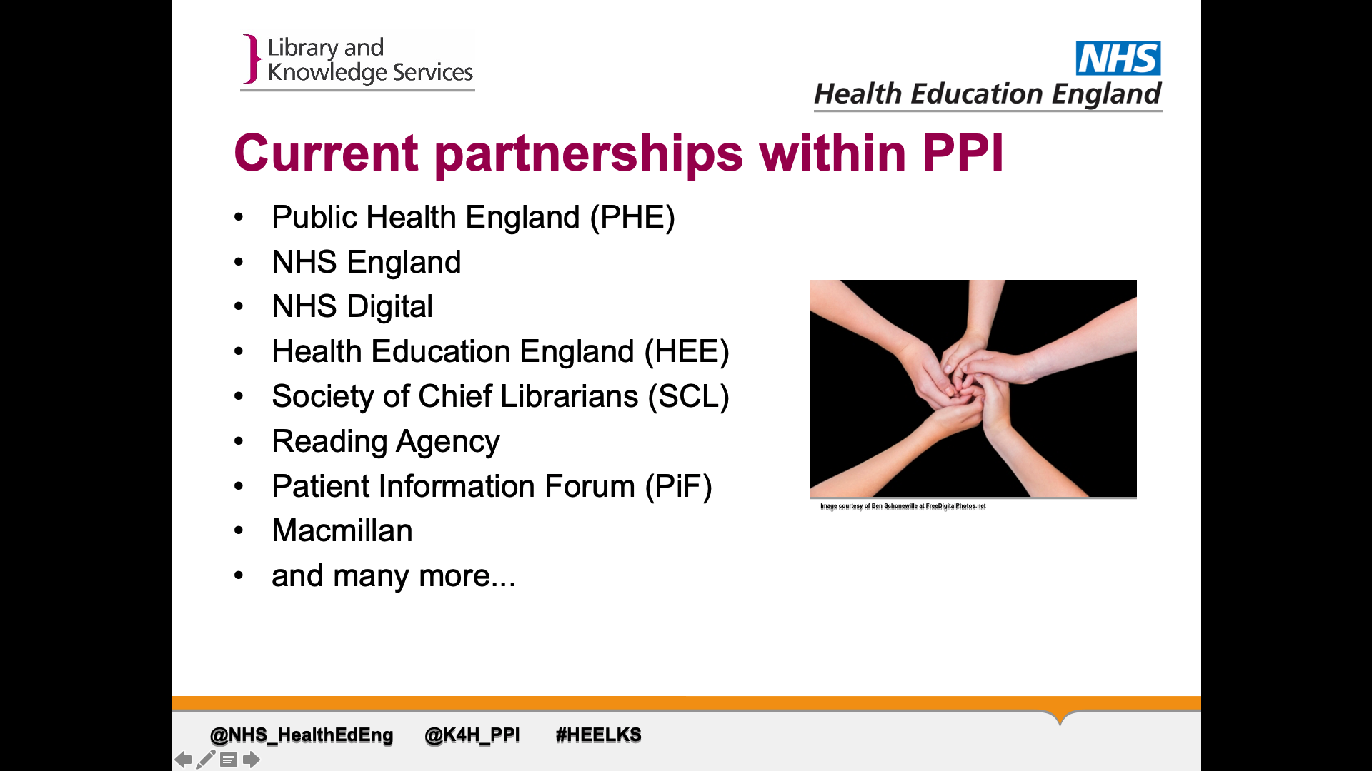 Title: Current partnerships within PPI. List of partnerships: Public Health England, NHS England, NHS Digital, Health Education England, Society of Chief Librarians, Reading Agency, Patient Information Forum, Macmillan, and many more...