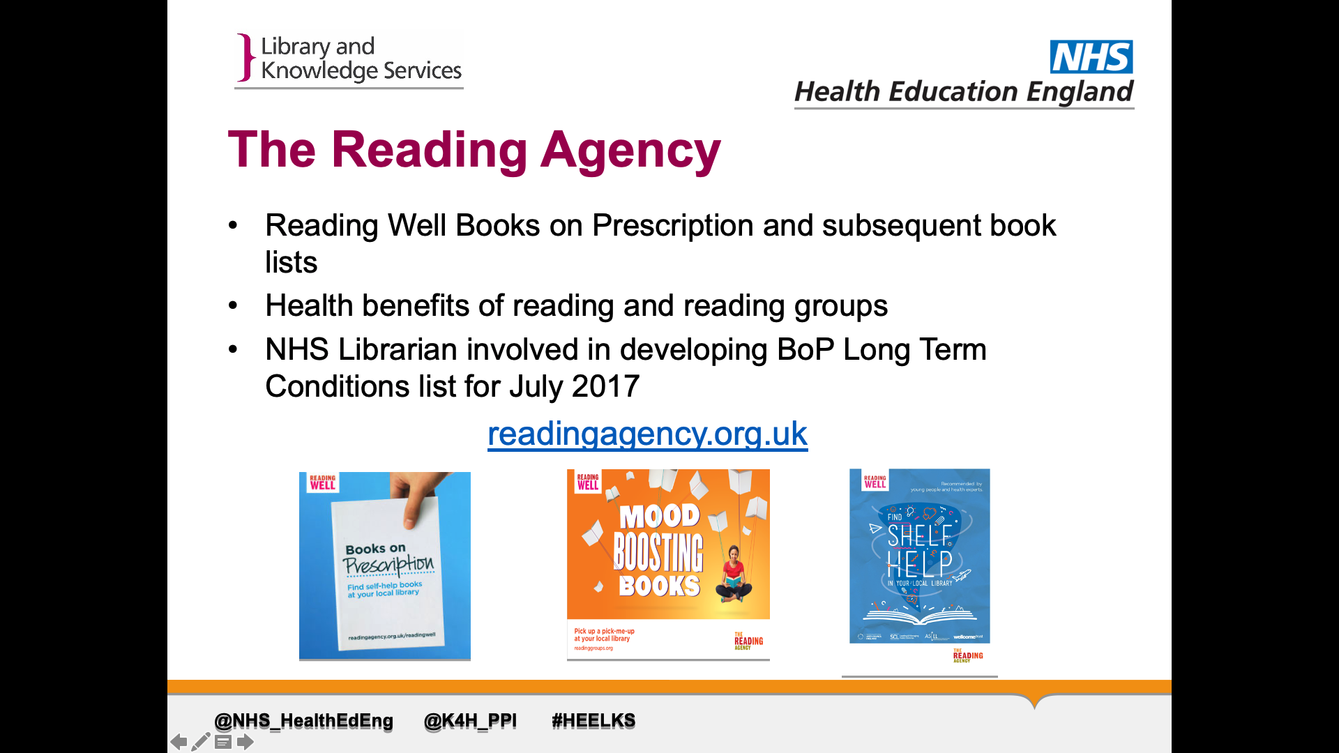 Text on page: 1. Reading Well Books on Prescription and subsequent book lists 2. Health benefits of reading and reading groups 3. NHS Librarian involved in developing BoP Long Term Conditions list for July 2017