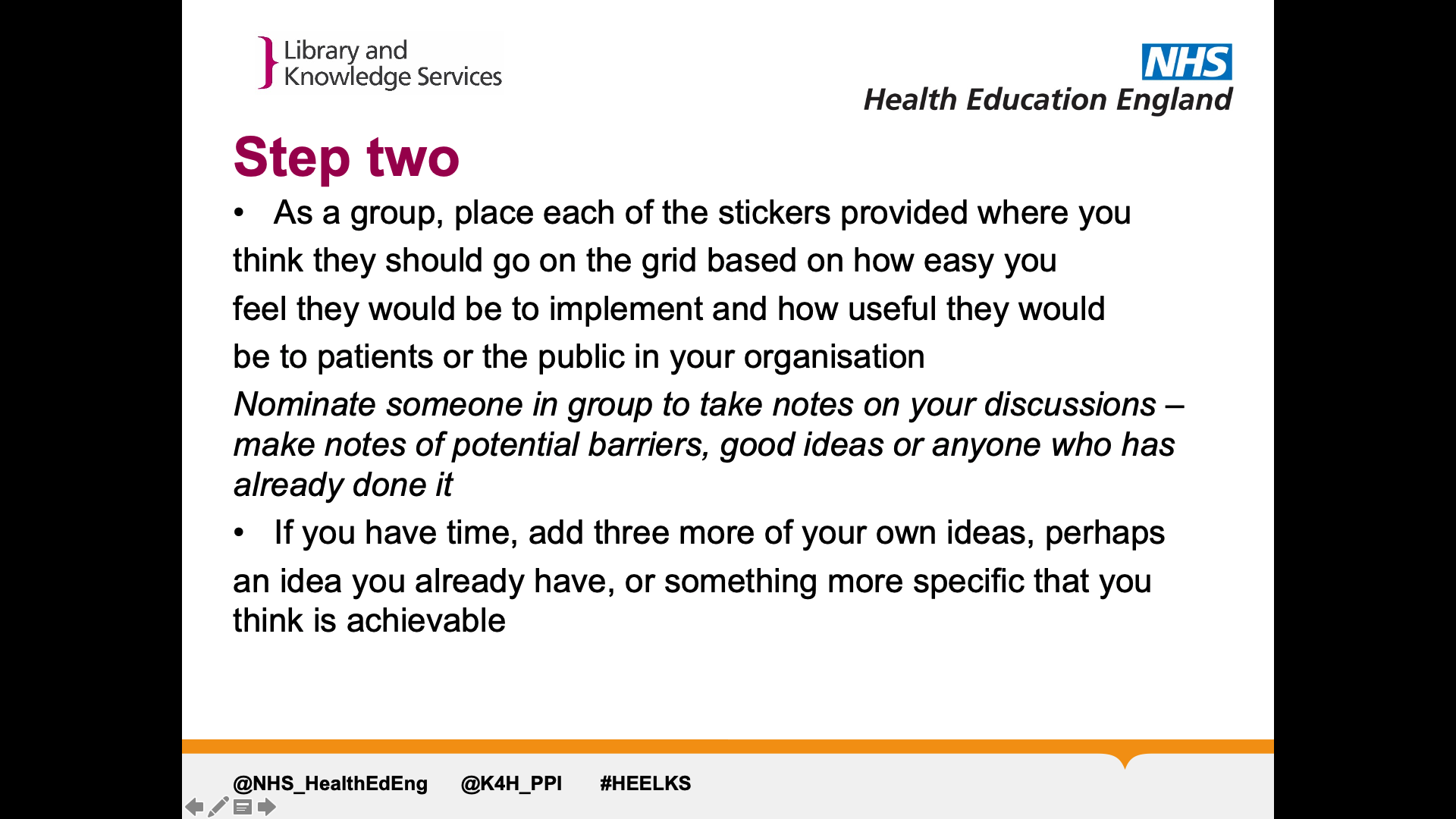 Text on page: As a group, place each of the stickers provided where you think they should go on the grid based on how easy you feel they would be to implement and how useful they would be to patients or the public in your organisation  Nominate someone in group to take notes on your discussions – make notes of potential barriers, good ideas or anyone who has already done it If you have time, add three more of your own ideas, perhaps an idea you already have, or something more specific that you think is achievable