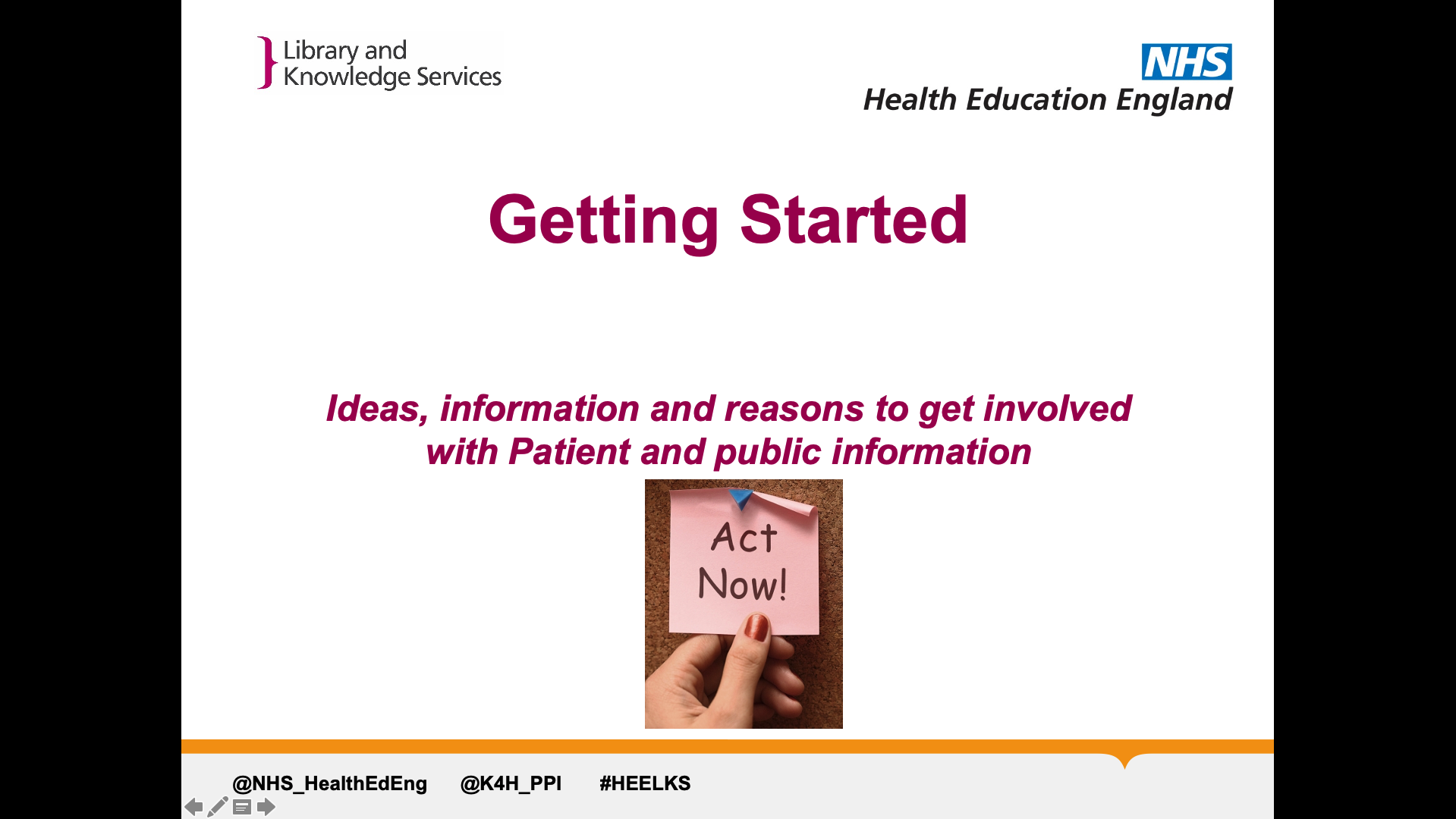 Title: Getting started. Subtitle: Ideas, information, and reasons to get involved with Patient and public information