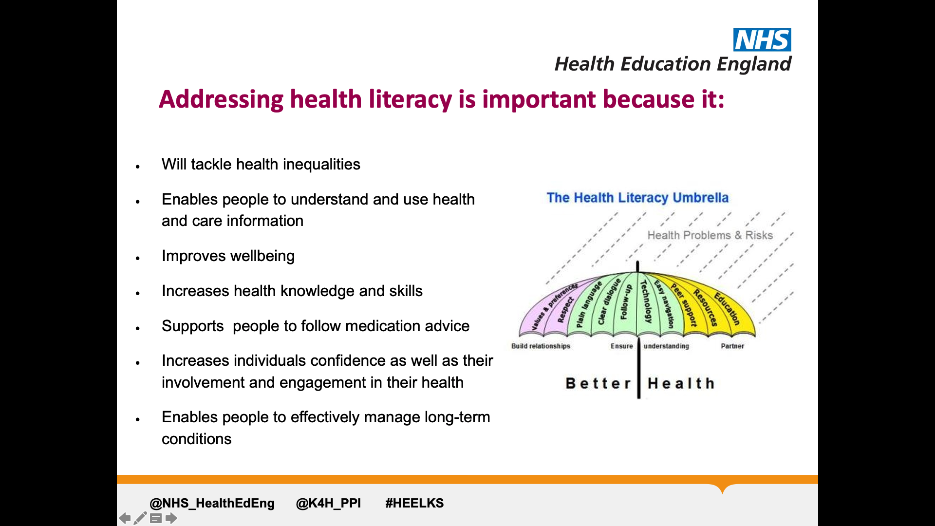 Text on page: Addressing health literacy is important because it: 1. will tackle health inequalities 2. Enables people to understand and use health and care information 3. Improves wellbeing 4. Increases health knowledge and skills 5. Supports  people to follow medication advice 6. Increases individuals confidence as well as their involvement and engagement in their health 7. Enables people to effectively manage long-term conditions