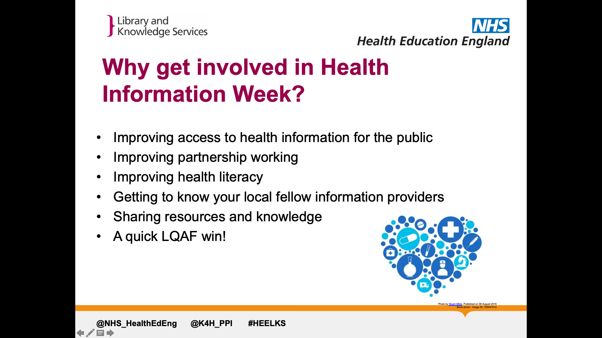 Title: Why get involved in health information week? Text on page: Improving access to health information for the public Improving partnership working Improving health literacy Getting to know your local fellow information providers Sharing resources and knowledge A quick LQAF win!