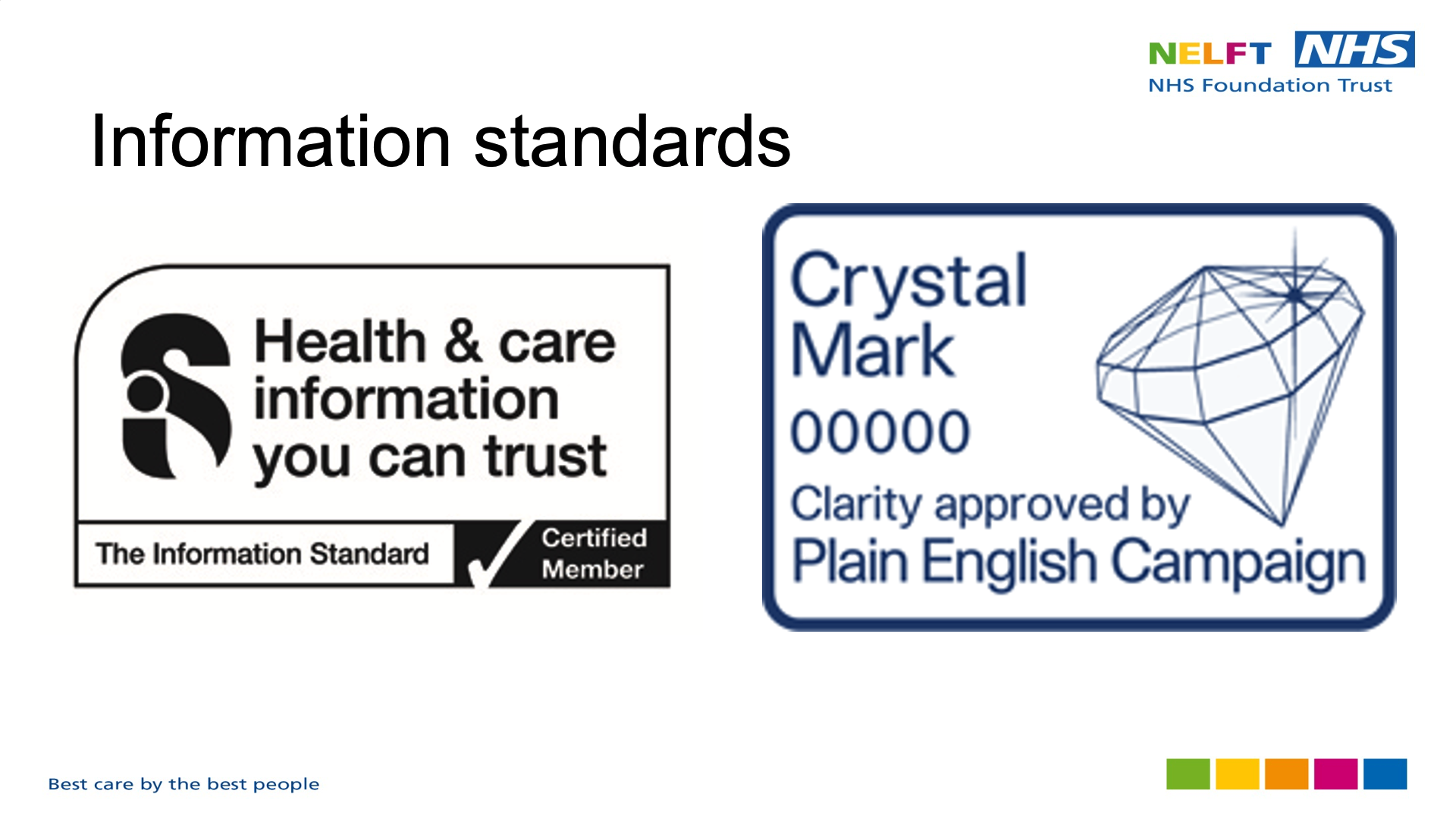 Title: Information standards. Images on page: Information standard check logo, Crystal Mark seal of approval